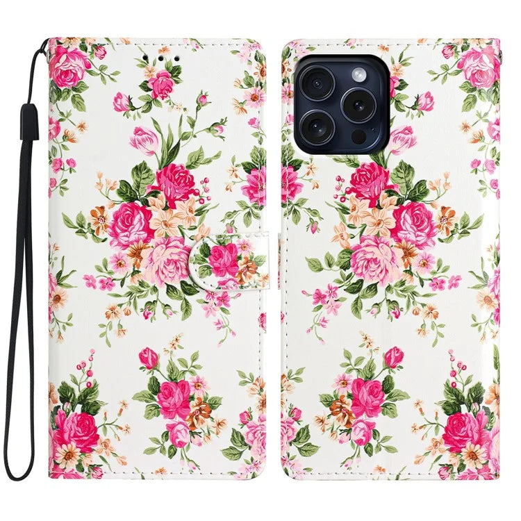 For iPhone 16 Pro Case Print Pattern Design PU Leather Phone Cover with Card Slots Wrist Strap