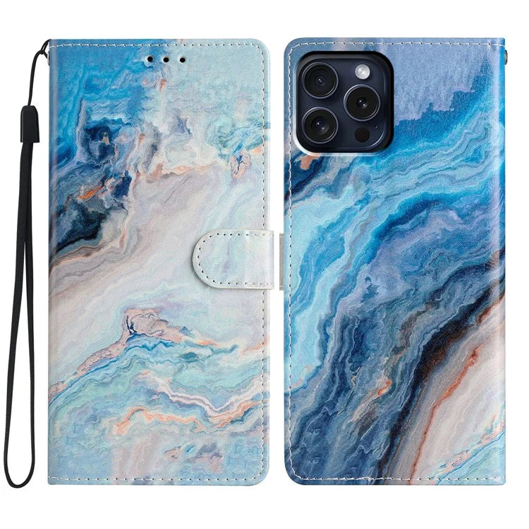 For iPhone 16 Pro Case Print Pattern Design PU Leather Phone Cover with Card Slots Wrist Strap
