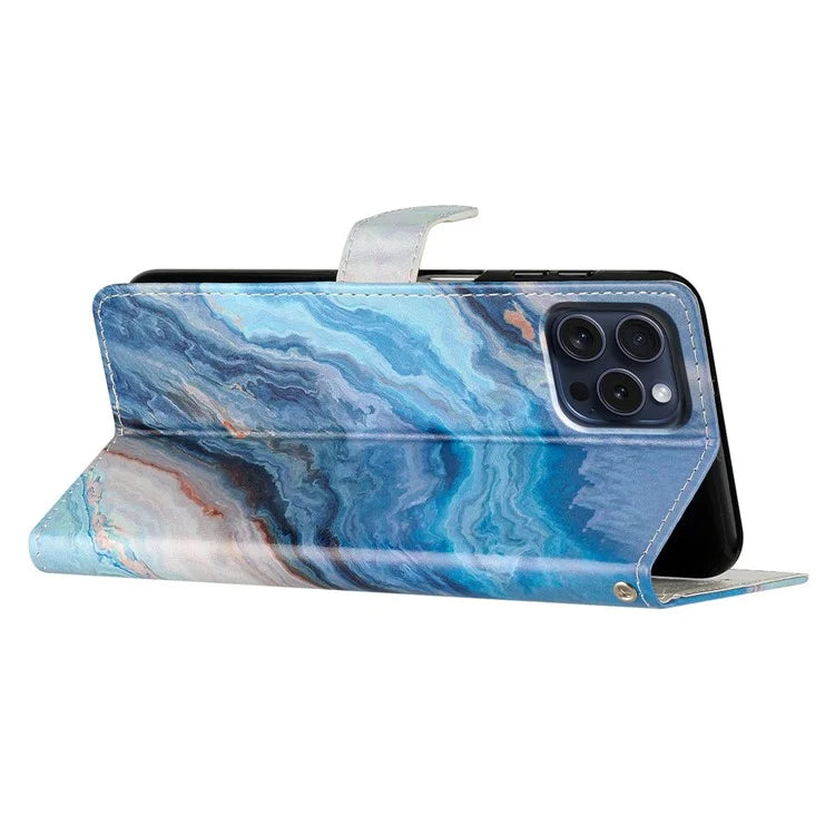 For iPhone 16 Pro Case Print Pattern Design PU Leather Phone Cover with Card Slots Wrist Strap