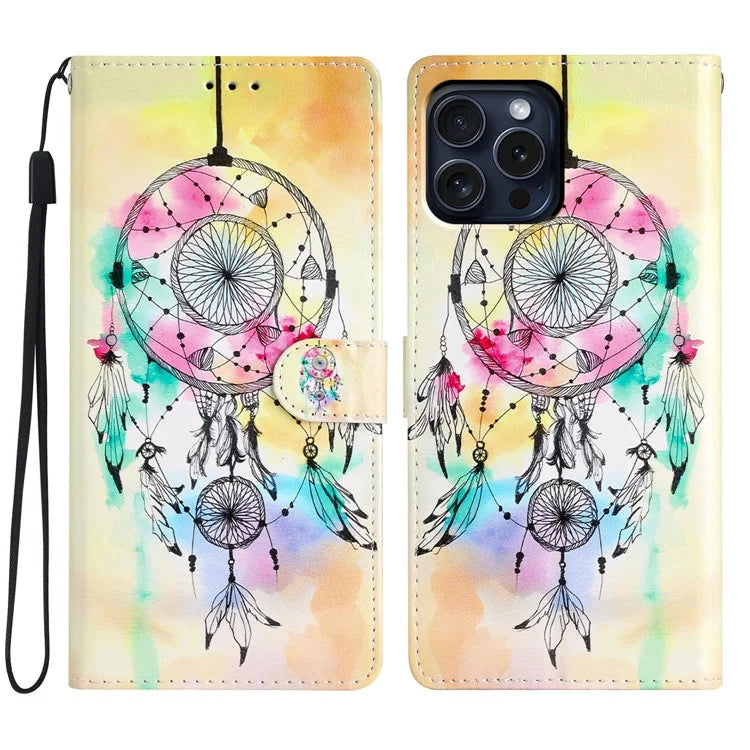 For iPhone 16 Pro Case Print Pattern Design PU Leather Phone Cover with Card Slots Wrist Strap
