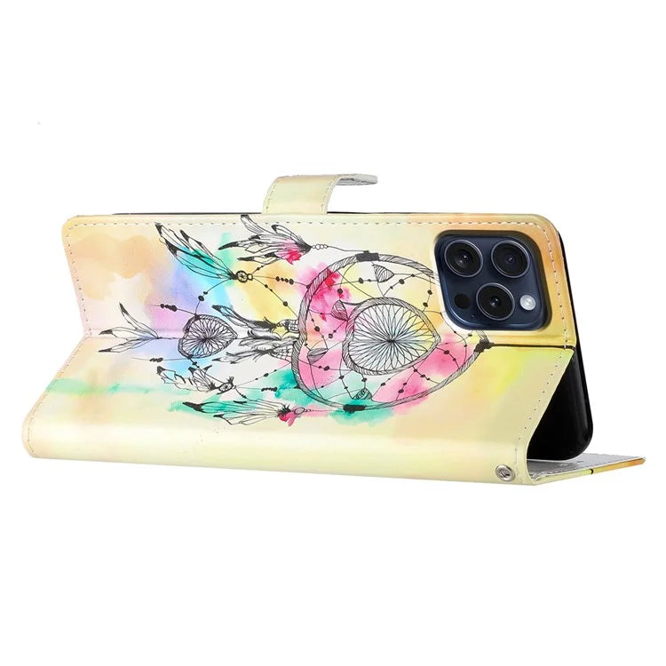 For iPhone 16 Pro Case Print Pattern Design PU Leather Phone Cover with Card Slots Wrist Strap
