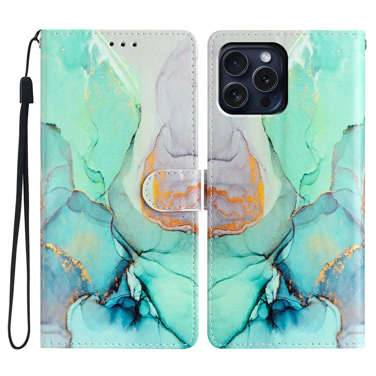 For iPhone 16 Pro Max Case Pattern Print PU Leather Card Slots Phone Cover with Wrist Strap