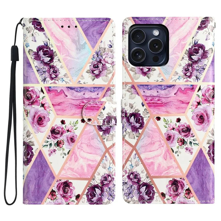 For iPhone 16 Pro Max Case Pattern Print PU Leather Card Slots Phone Cover with Wrist Strap