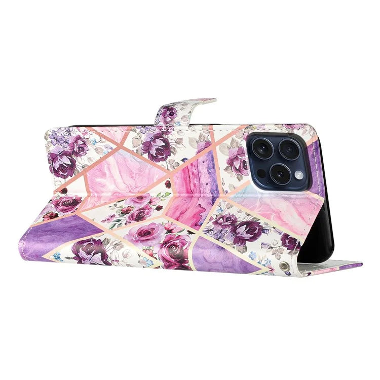 For iPhone 16 Pro Max Case Pattern Print PU Leather Card Slots Phone Cover with Wrist Strap