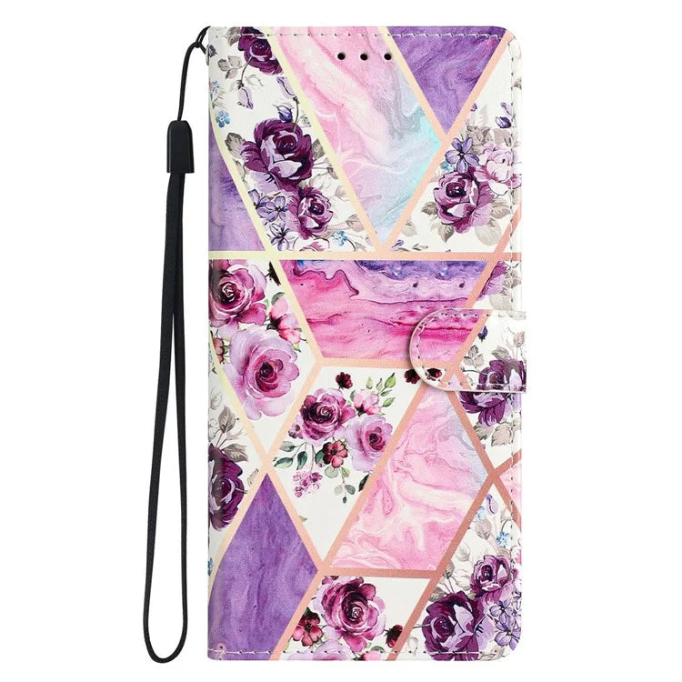 For iPhone 16 Pro Max Case Pattern Print PU Leather Card Slots Phone Cover with Wrist Strap