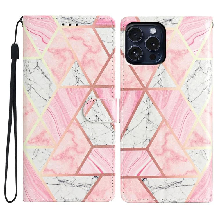 For iPhone 16 Pro Max Case Pattern Print PU Leather Card Slots Phone Cover with Wrist Strap