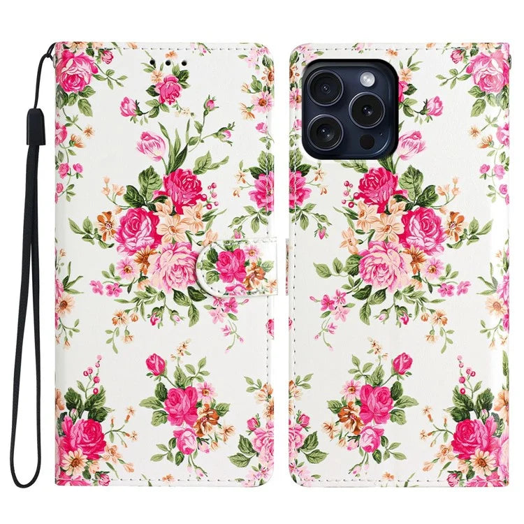 For iPhone 16 Pro Max Case Pattern Print PU Leather Card Slots Phone Cover with Wrist Strap