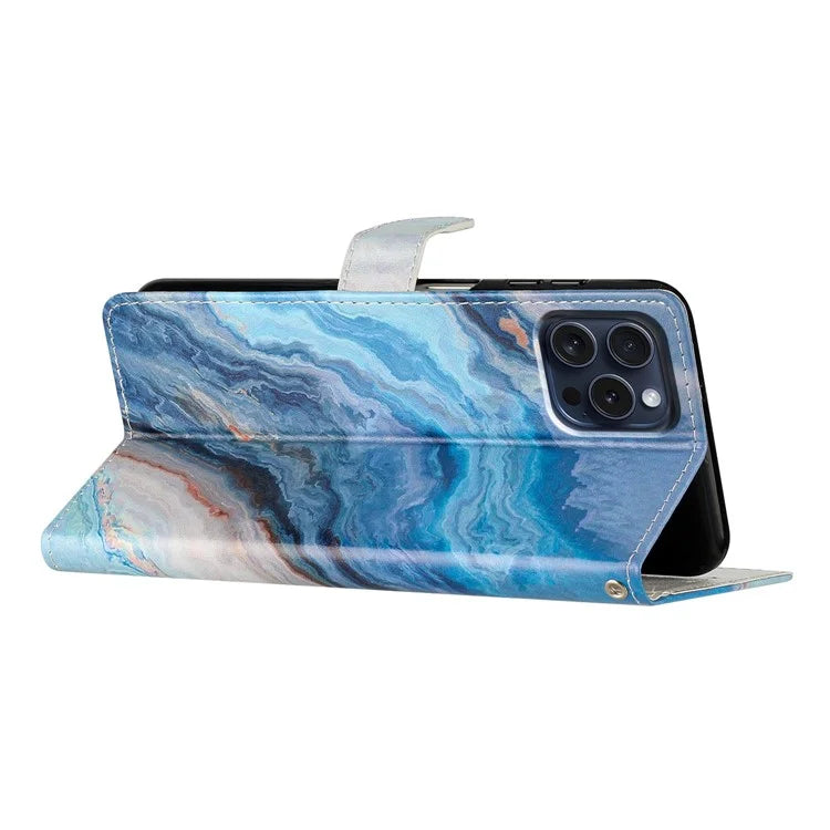 For iPhone 16 Pro Max Case Pattern Print PU Leather Card Slots Phone Cover with Wrist Strap