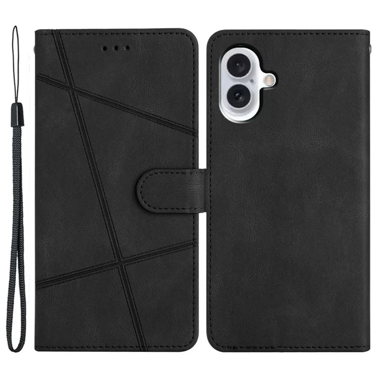 For iPhone 16 Plus Case Line Pattern PU Leather Stand Wallet Phone Cover