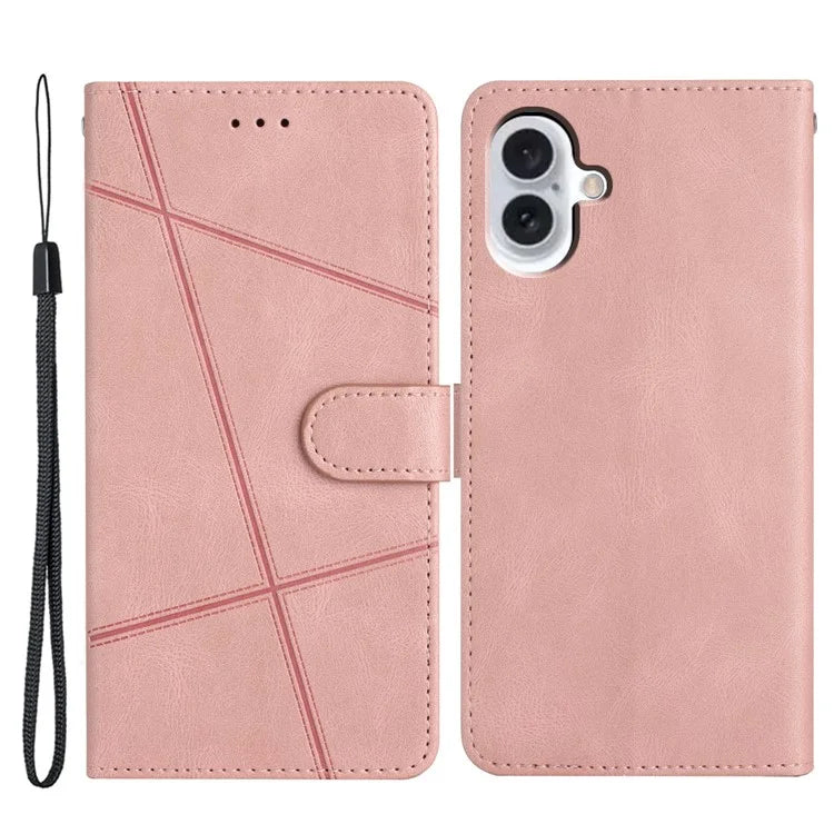 For iPhone 16 Plus Case Line Pattern PU Leather Stand Wallet Phone Cover