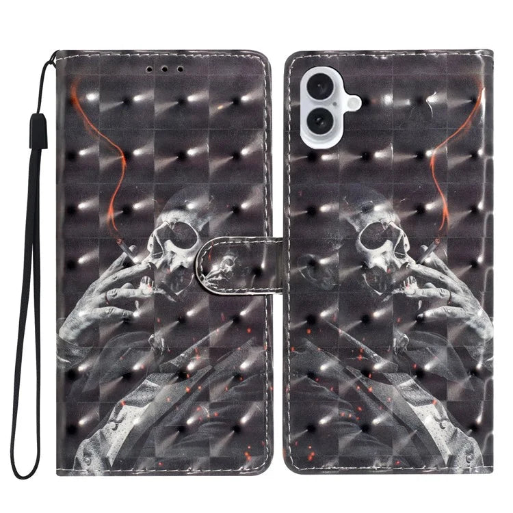 For iPhone 16 Case PU Leather 3D Pattern Printing Phone Wallet Cover
