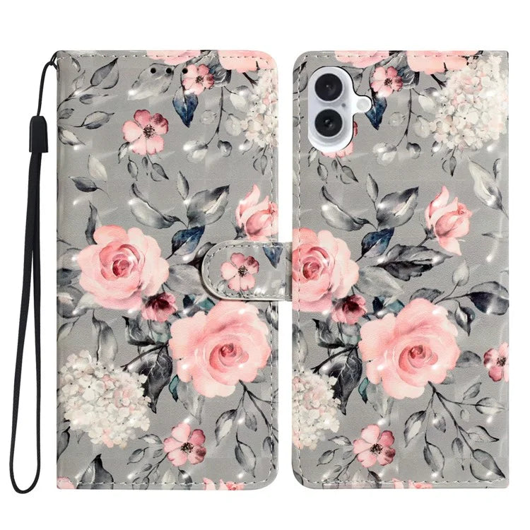 For iPhone 16 Case PU Leather 3D Pattern Printing Phone Wallet Cover