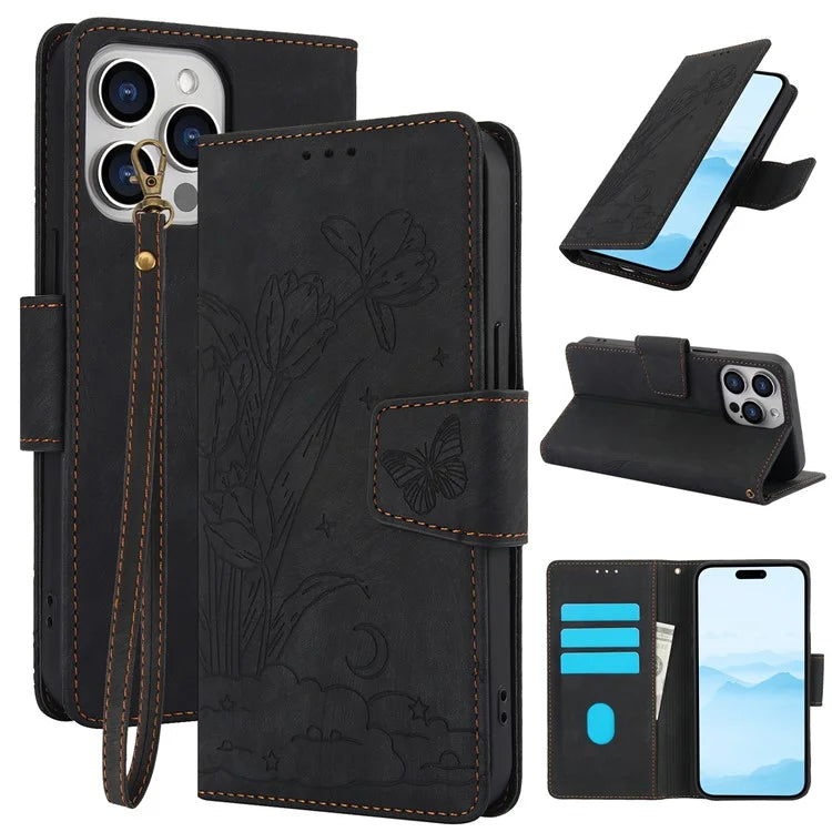 SY-001 For iPhone 16 Pro Max Case PU Leather Flip Phone Cover Imprinted Butterfly Flower