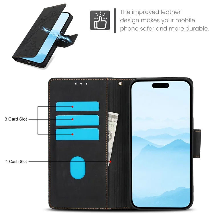 SY-001 For iPhone 16 Pro Max Case PU Leather Flip Phone Cover Imprinted Butterfly Flower