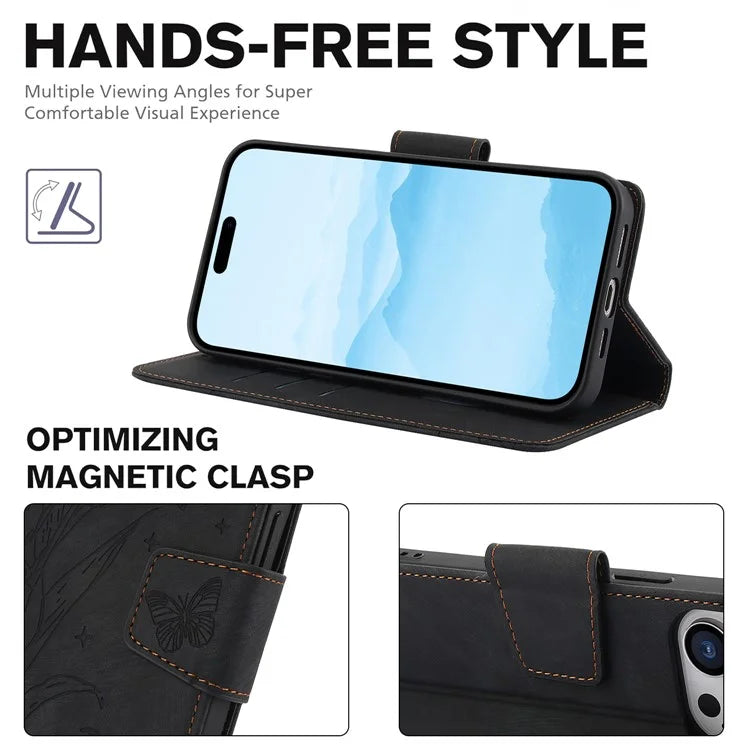 SY-001 For iPhone 16 Pro Max Case PU Leather Flip Phone Cover Imprinted Butterfly Flower
