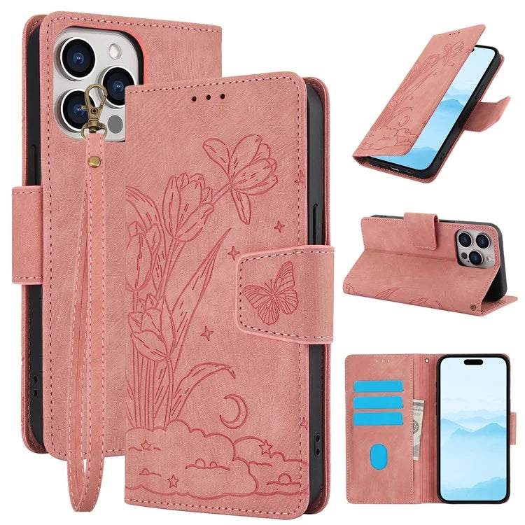 SY-001 For iPhone 16 Pro Max Case PU Leather Flip Phone Cover Imprinted Butterfly Flower
