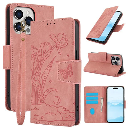SY-001 For iPhone 16 Pro Max Case PU Leather Flip Phone Cover Imprinted Butterfly Flower