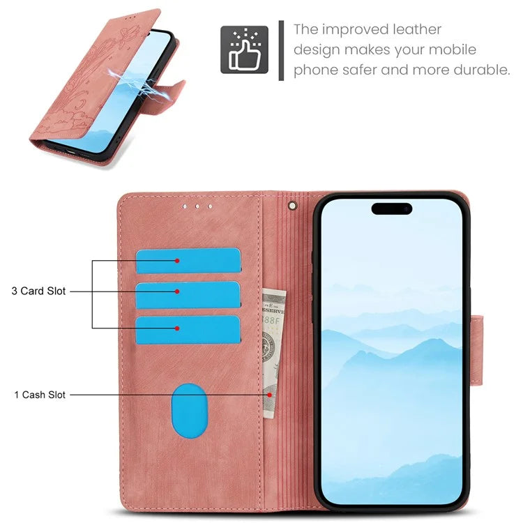 SY-001 For iPhone 16 Pro Max Case PU Leather Flip Phone Cover Imprinted Butterfly Flower