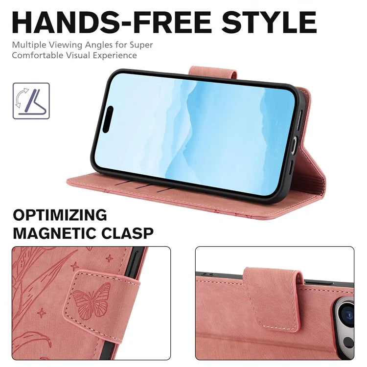 SY-001 For iPhone 16 Pro Max Case PU Leather Flip Phone Cover Imprinted Butterfly Flower