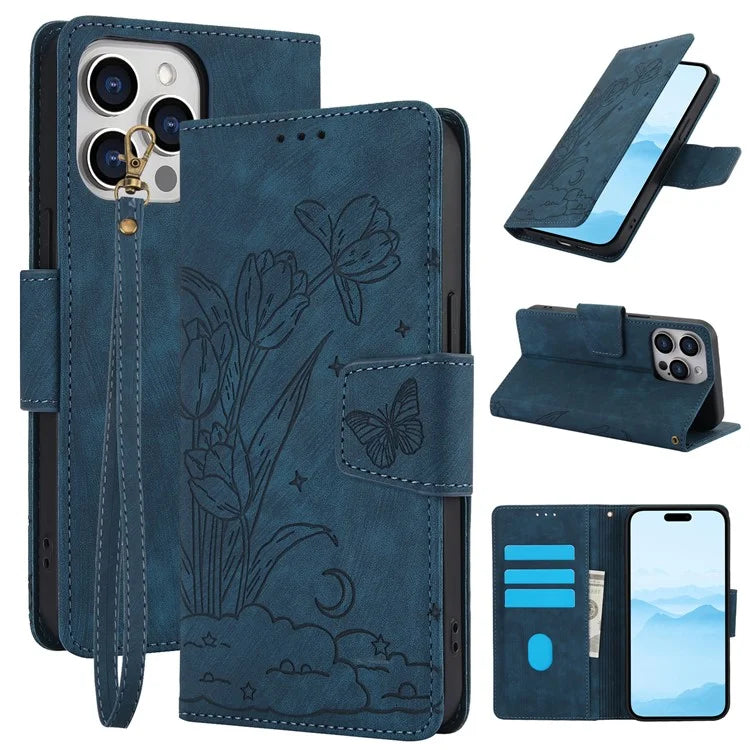 SY-001 For iPhone 16 Pro Max Case PU Leather Flip Phone Cover Imprinted Butterfly Flower
