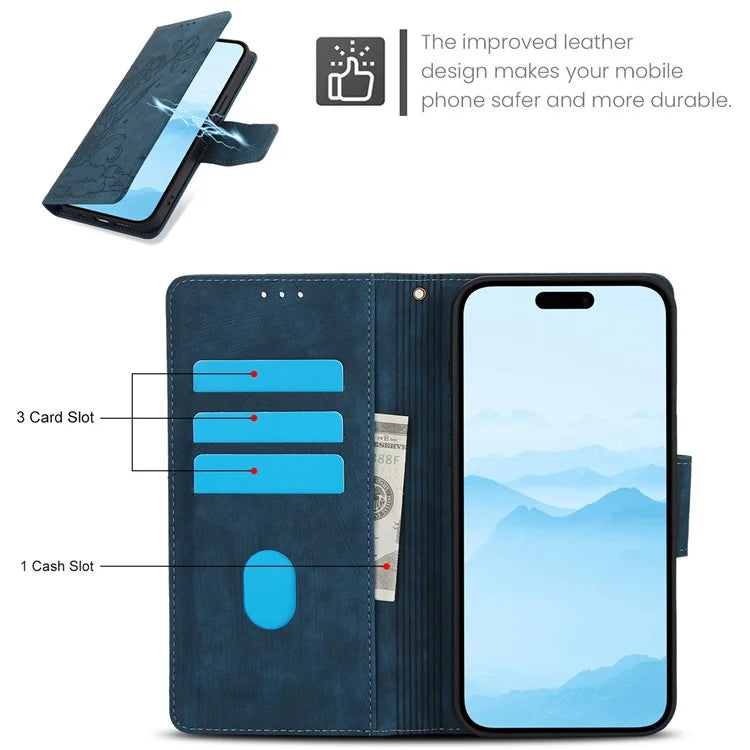 SY-001 For iPhone 16 Pro Max Case PU Leather Flip Phone Cover Imprinted Butterfly Flower
