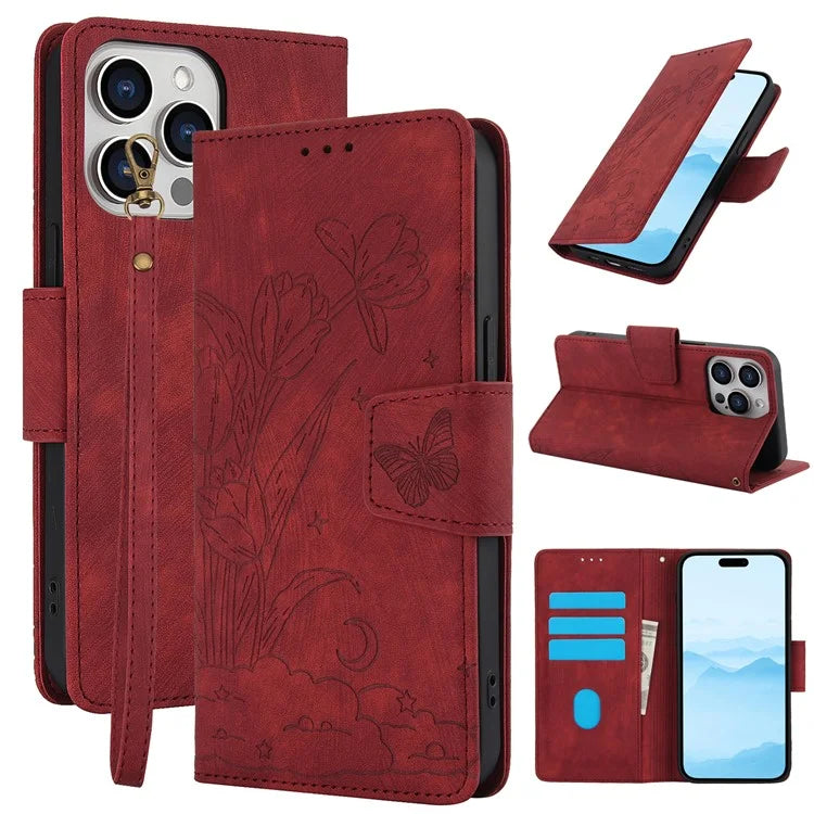 SY-001 For iPhone 16 Pro Max Case PU Leather Flip Phone Cover Imprinted Butterfly Flower