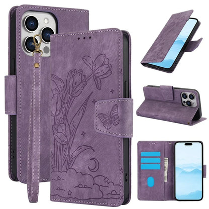 SY-001 For iPhone 16 Pro Max Case PU Leather Flip Phone Cover Imprinted Butterfly Flower