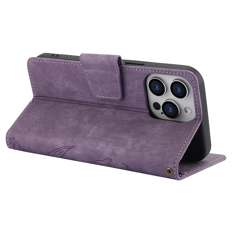 SY-001 For iPhone 16 Pro Max Case PU Leather Flip Phone Cover Imprinted Butterfly Flower