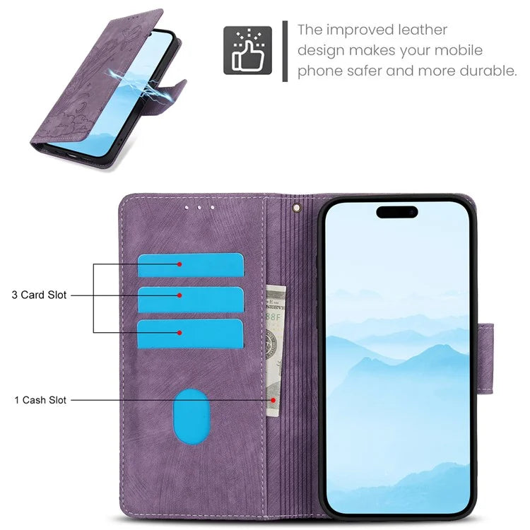 SY-001 For iPhone 16 Pro Max Case PU Leather Flip Phone Cover Imprinted Butterfly Flower