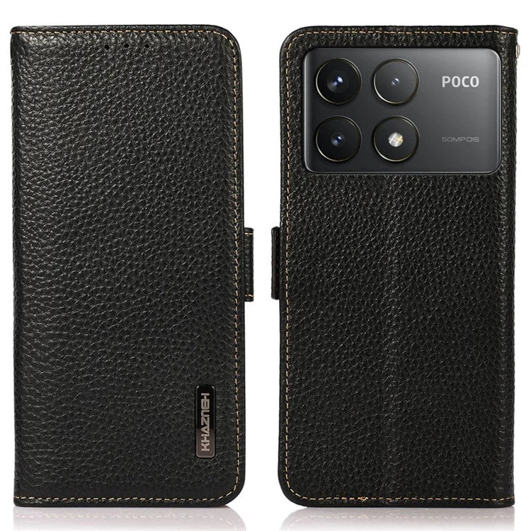 KHAZNEH For Xiaomi Poco F6 Pro 5G / Redmi K70 5G / K70 Pro 5G Case RFID Blocking Genuine Cow Leather Cover Lychee Pattern