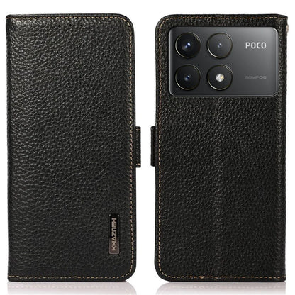 KHAZNEH For Xiaomi Poco F6 Pro 5G / Redmi K70 5G / K70 Pro 5G Case RFID Blocking Genuine Cow Leather Cover Lychee Pattern