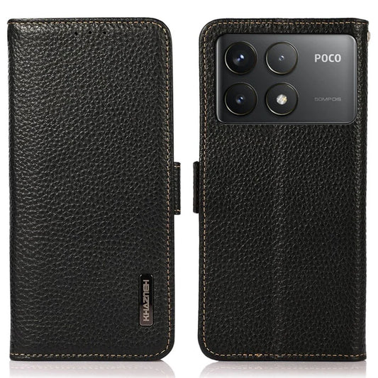 KHAZNEH For Xiaomi Poco F6 Pro 5G / Redmi K70 5G / K70 Pro 5G Case RFID Blocking Genuine Cow Leather Cover Lychee Pattern