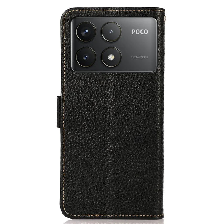 KHAZNEH For Xiaomi Poco F6 Pro 5G / Redmi K70 5G / K70 Pro 5G Case RFID Blocking Genuine Cow Leather Cover Lychee Pattern