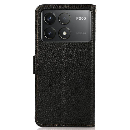 KHAZNEH For Xiaomi Poco F6 Pro 5G / Redmi K70 5G / K70 Pro 5G Case RFID Blocking Genuine Cow Leather Cover Lychee Pattern