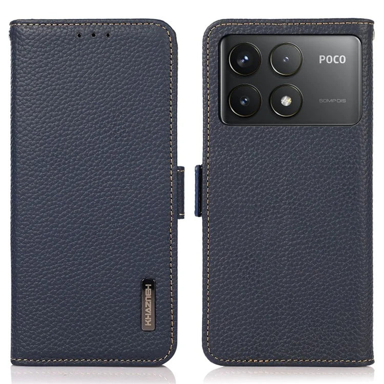 KHAZNEH For Xiaomi Poco F6 Pro 5G / Redmi K70 5G / K70 Pro 5G Case RFID Blocking Genuine Cow Leather Cover Lychee Pattern