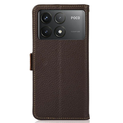 KHAZNEH For Xiaomi Poco F6 Pro 5G / Redmi K70 5G / K70 Pro 5G Case RFID Blocking Genuine Cow Leather Cover Lychee Pattern