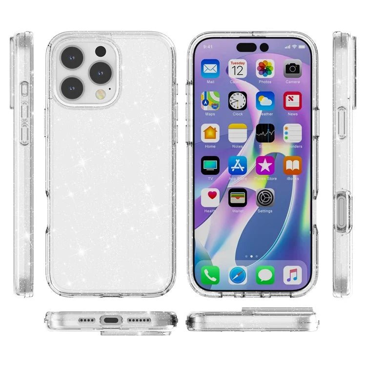 For iPhone 16 Pro Case Hard PC Soft TPU Glitter Phone Cover