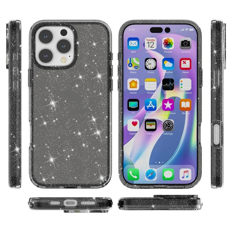 For iPhone 16 Pro Case Hard PC Soft TPU Glitter Phone Cover