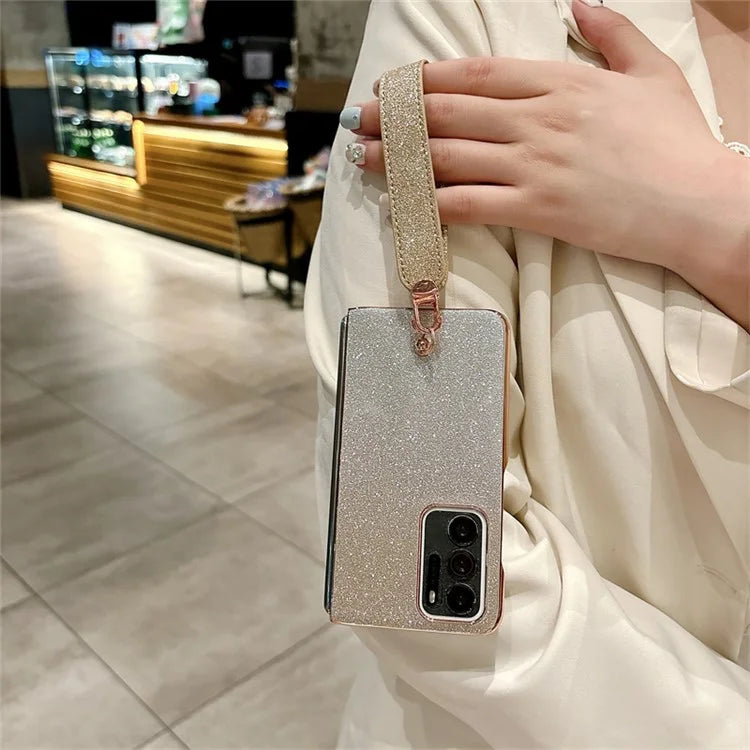 For Oppo Find N Glitter Case Electroplating Frame Hard PC Phone Cover with Strap