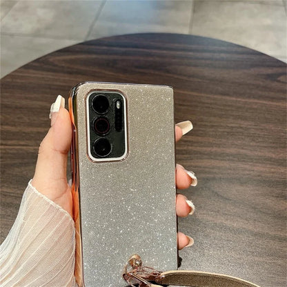 For Oppo Find N Glitter Case Electroplating Frame Hard PC Phone Cover with Strap