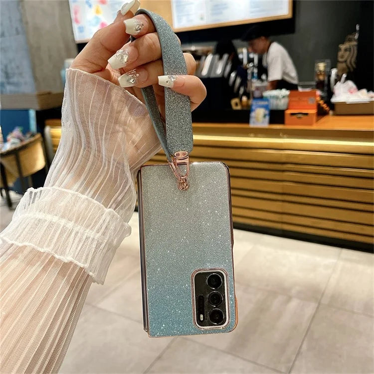 For Oppo Find N Glitter Case Electroplating Frame Hard PC Phone Cover with Strap