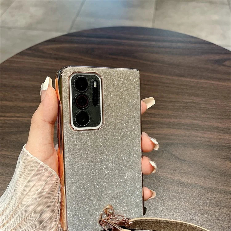 For Oppo Find N Glitter Case Electroplating Frame Hard PC Phone Cover with Strap