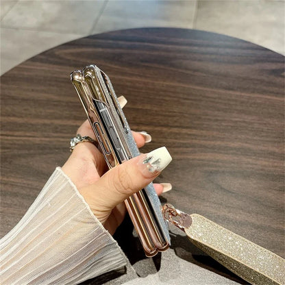 For Oppo Find N Glitter Case Electroplating Frame Hard PC Phone Cover with Strap