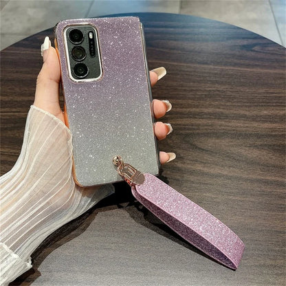 For Oppo Find N Glitter Case Electroplating Frame Hard PC Phone Cover with Strap