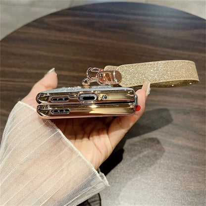 For Oppo Find N Glitter Case Electroplating Frame Hard PC Phone Cover with Strap