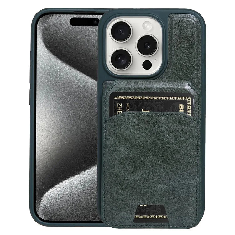 For iPhone 15 Pro Max Case Kickstand Card Holder PU+TPU Phone Cover