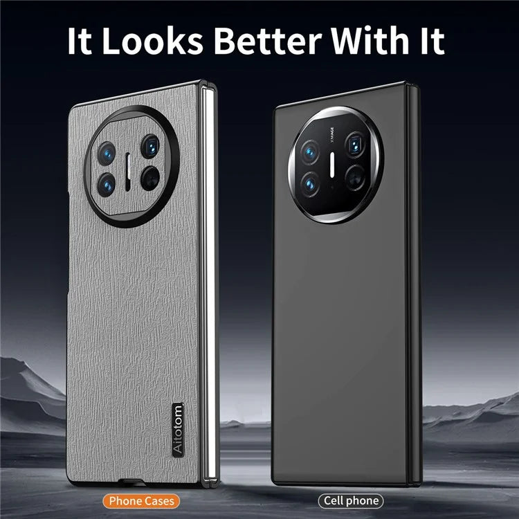 For Huawei Mate X5 Hybrid Case Wood Textured Leather+PC+TPU Back Phone Cover