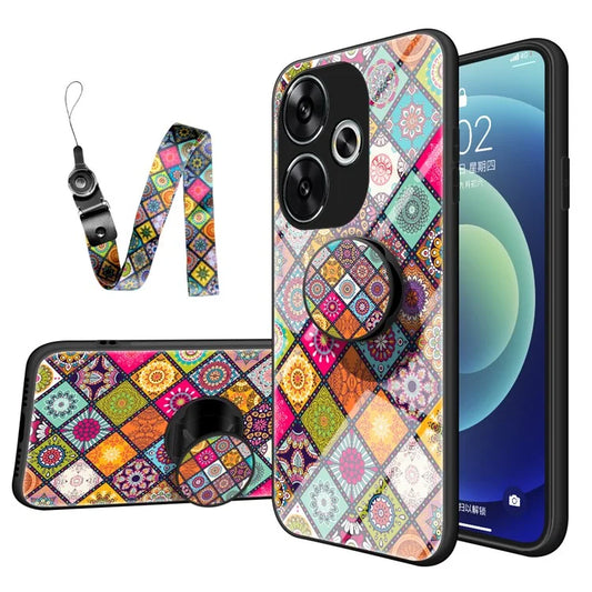 For Xiaomi Redmi Turbo 3 5G Case Kickstand Ethnic Pattern Tempered Glass+PC+TPU Phone Cover