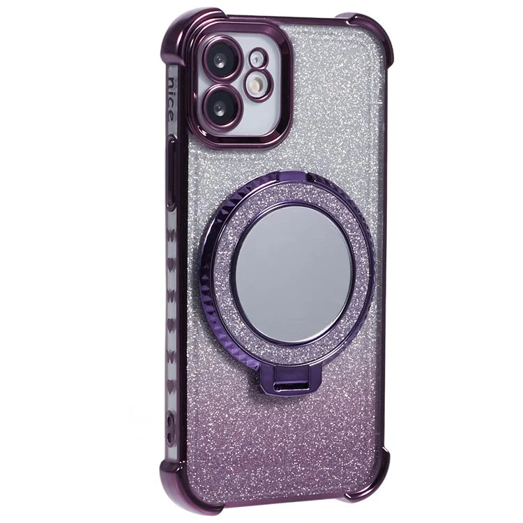 For iPhone 11 Cell Phone Case TPU Glitter Phone Cover with Kickstand and Mirror