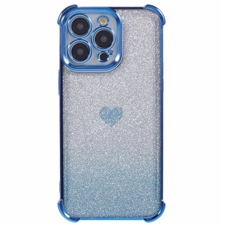 For iPhone 13 Pro Max Anti-Scratch Phone Case Heart Pattern TPU Glittery Powder Phone Cover